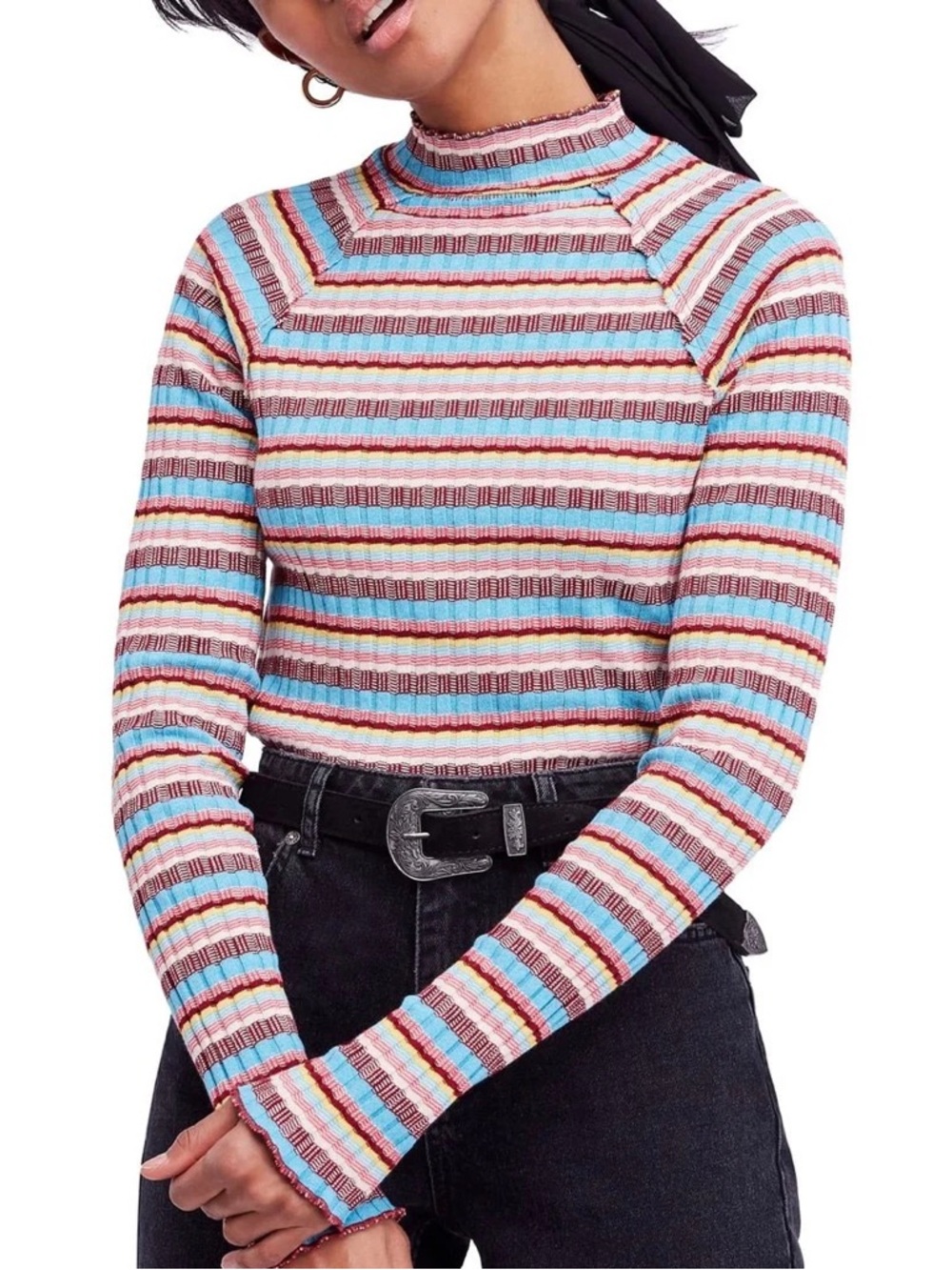 Free People Mirror Stripe Tee Long Sleeve Mock Neck Top